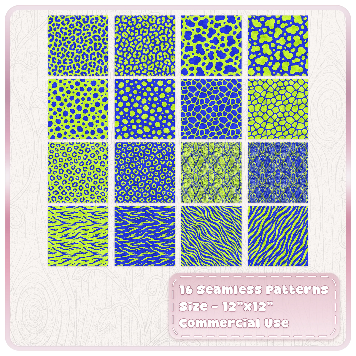 Set of 16 lime green and cobalt blue seamless animal print papers including leopard, zebra, snake and spotted designs