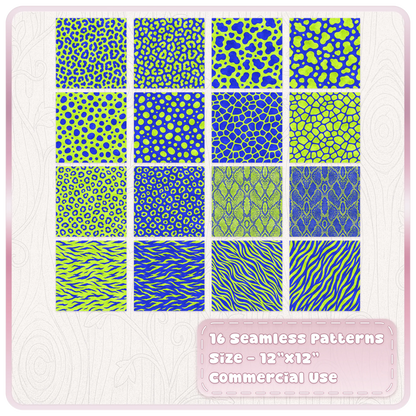 Set of 16 lime green and cobalt blue seamless animal print papers including leopard, zebra, snake and spotted designs