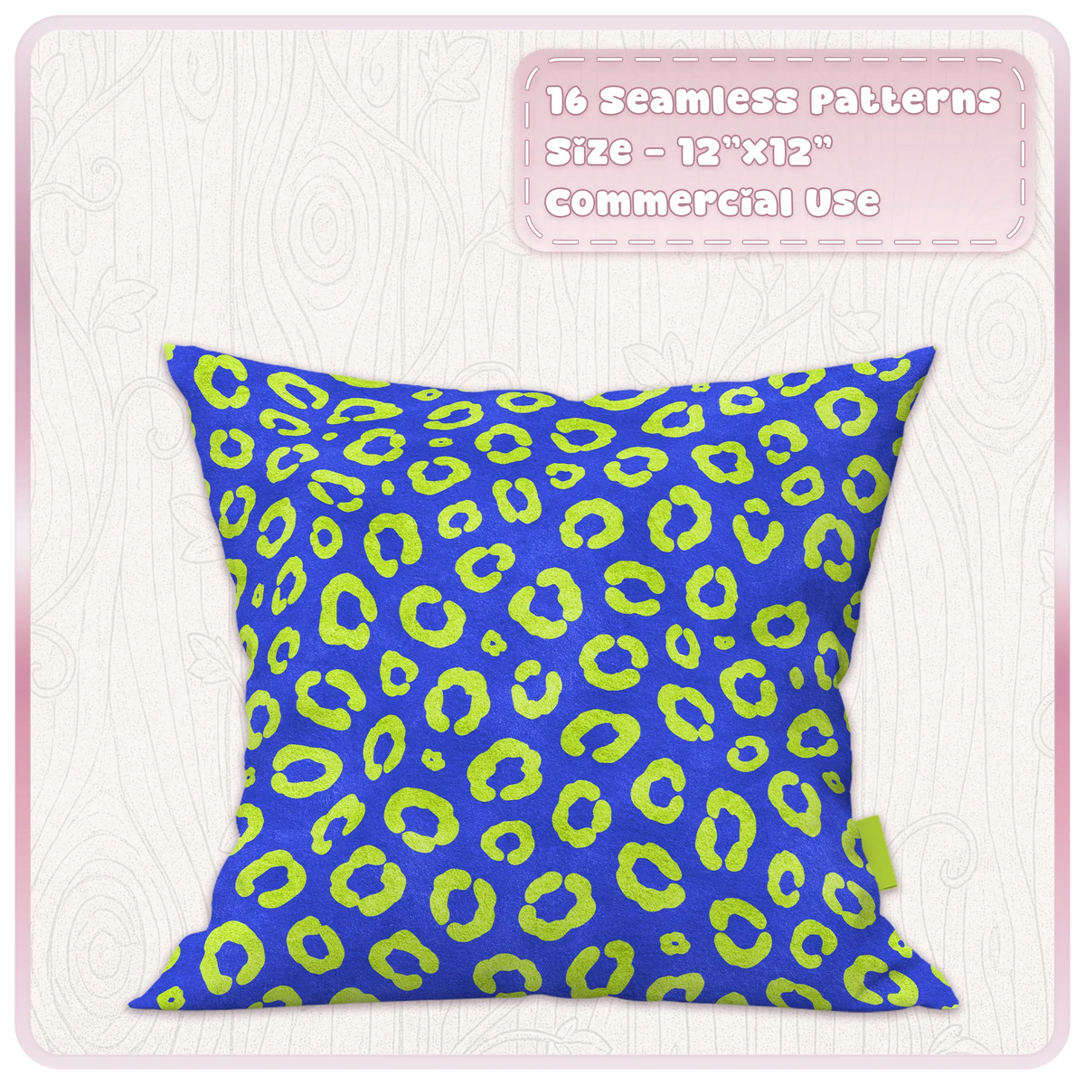 Cobalt blue cushion mockup featuring a lime green leopard seamless pattern from the Acid Flash digital paper collection