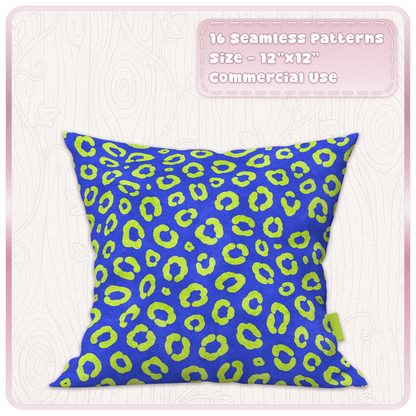Cobalt blue cushion mockup featuring a lime green leopard seamless pattern from the Acid Flash digital paper collection
