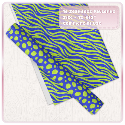 Lime green and cobalt blue zebra and spotted animal print patterns shown on digital paper and wrapping paper mockups