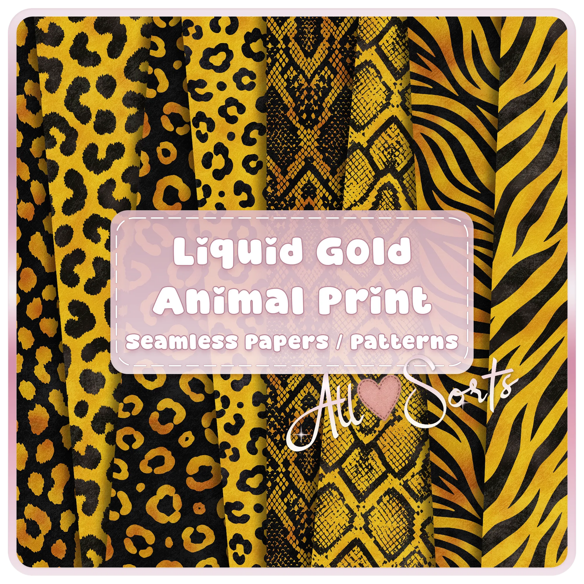 Liquid Gold animal print seamless digital paper bundle featuring leopard, snakeskin, zebra and safari pattern JPGs for sublimation and scrapbooking.