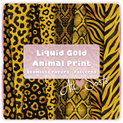 Liquid Gold animal print seamless digital paper bundle featuring leopard, snakeskin, zebra and safari pattern JPGs for sublimation and scrapbooking.