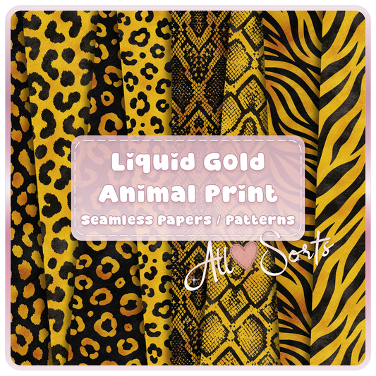 Liquid Gold animal print seamless digital paper bundle featuring leopard, snakeskin, zebra and safari pattern JPGs for sublimation and scrapbooking.