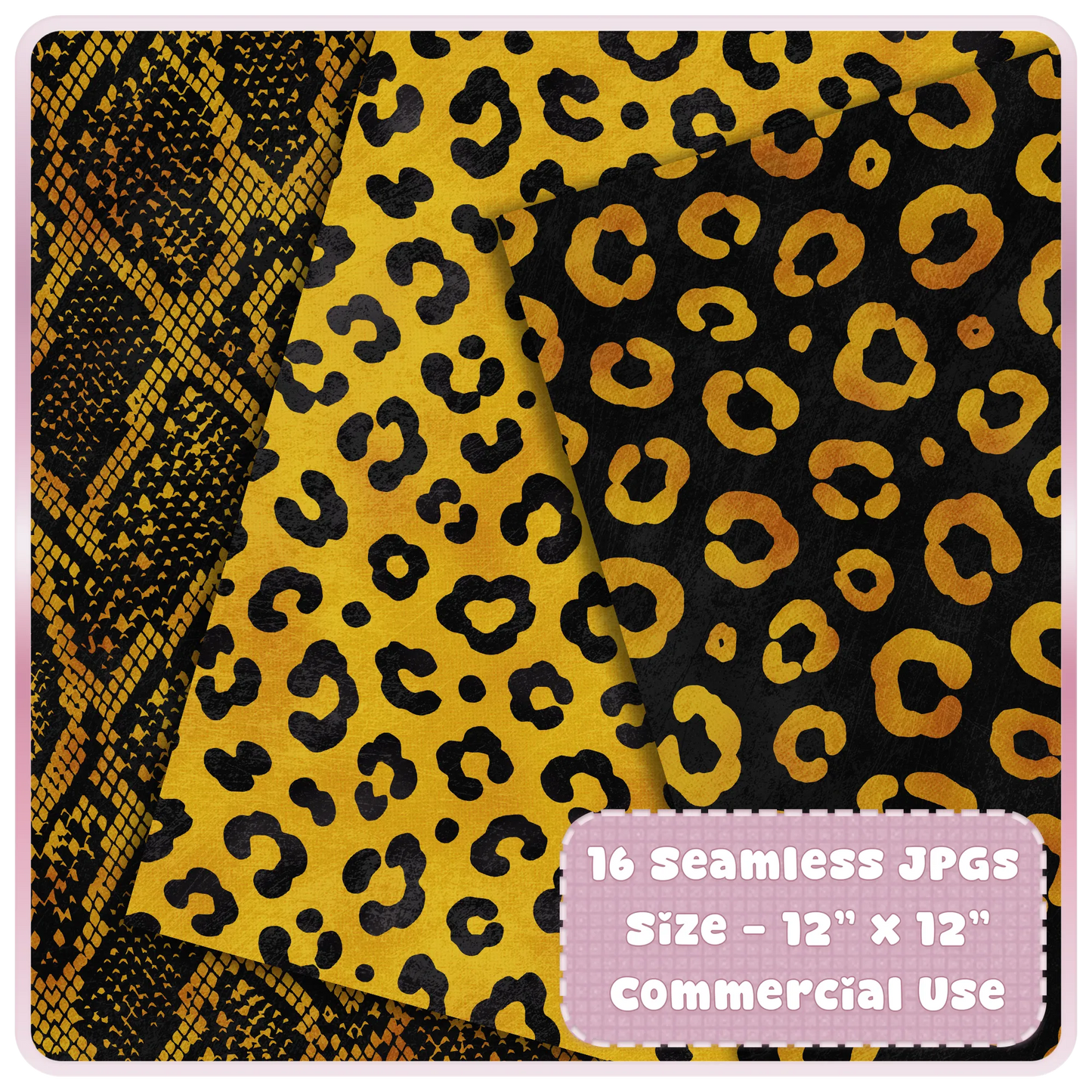 Liquid Gold leopard and snakeskin seamless pattern preview with 16 JPG digital papers for commercial use craft projects.