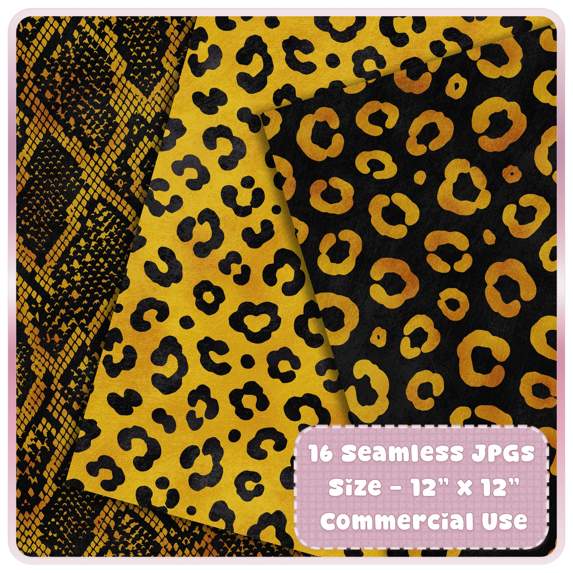 Liquid Gold leopard and snakeskin seamless pattern preview with 16 JPG digital papers for commercial use craft projects.