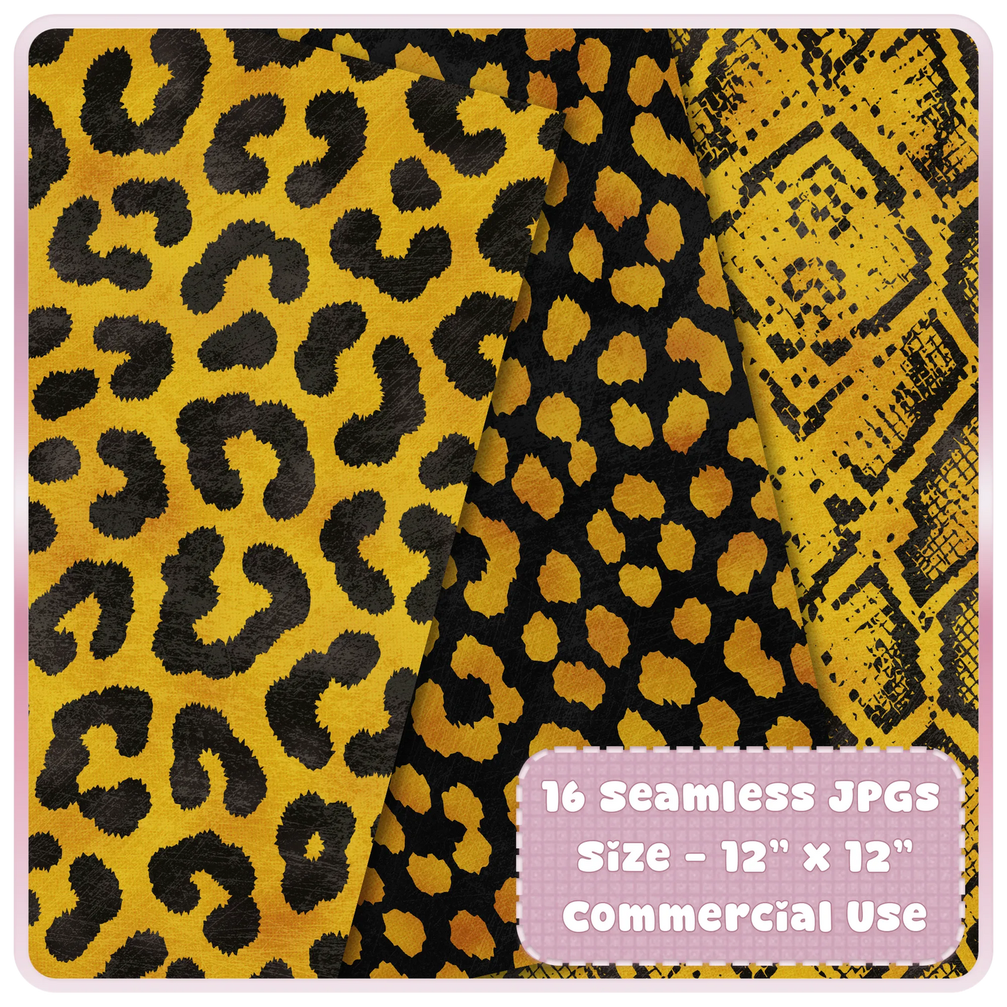 Yellow gold and black leopard print and snakeskin seamless digital paper preview for sublimation, scrapbooking and printable backgrounds.