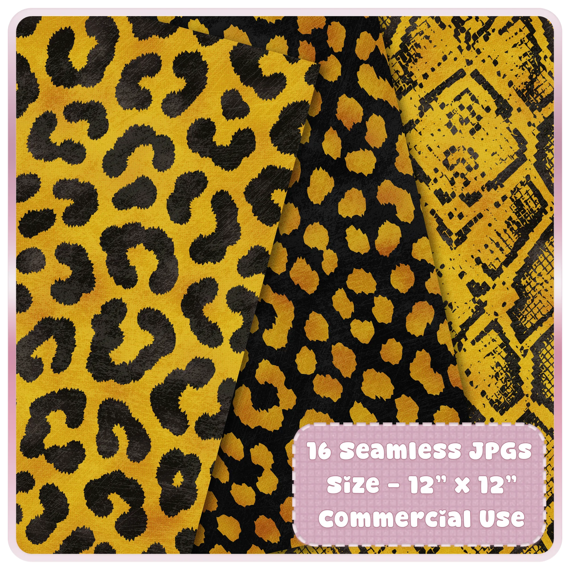 Yellow gold and black leopard print and snakeskin seamless digital paper preview for sublimation, scrapbooking and printable backgrounds.