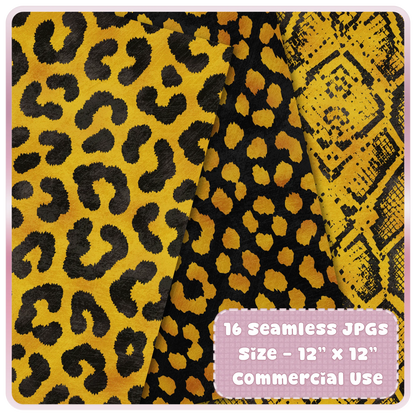 Yellow gold and black leopard print and snakeskin seamless digital paper preview for sublimation, scrapbooking and printable backgrounds.