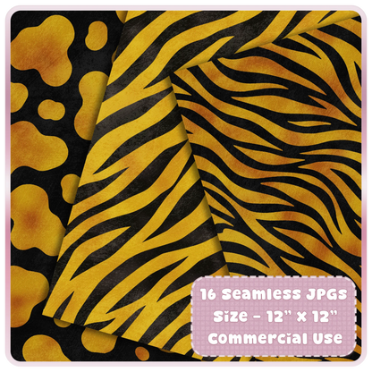 Liquid Gold zebra print seamless digital paper preview with black safari stripe patterns for sublimation and craft designs.