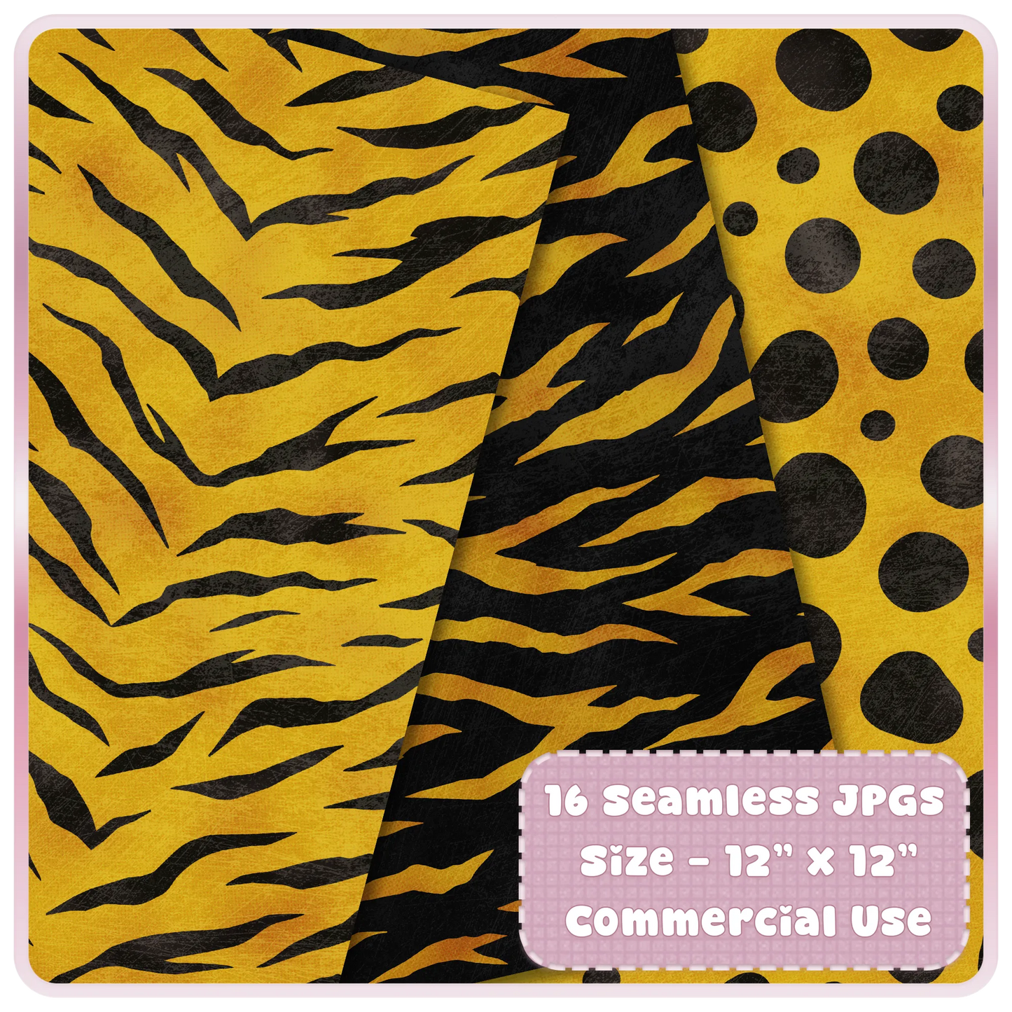 Liquid Gold tiger stripe and polka dot animal print seamless patterns for digital paper, printables and commercial craft projects.