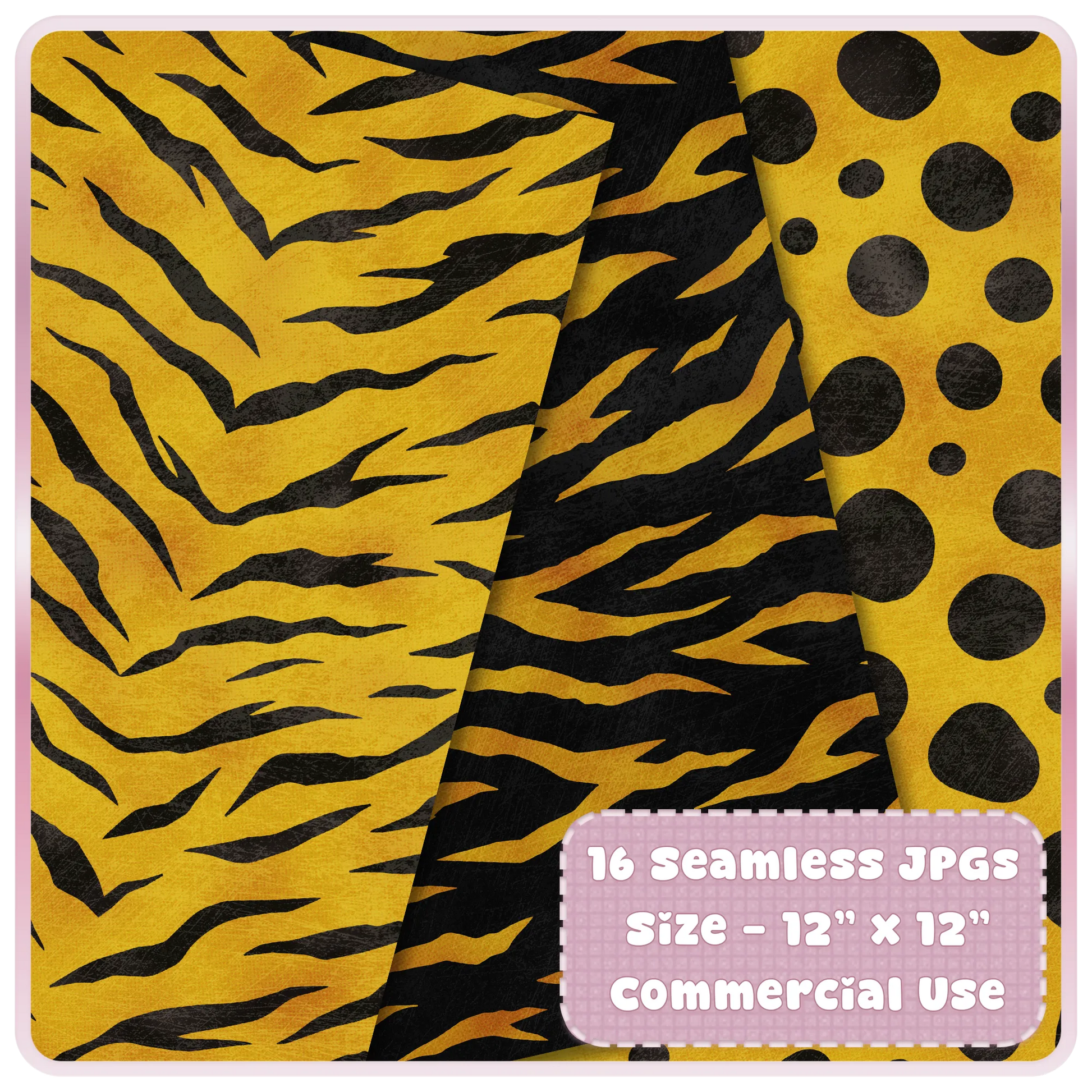 Liquid Gold tiger stripe and polka dot animal print seamless patterns for digital paper, printables and commercial craft projects.