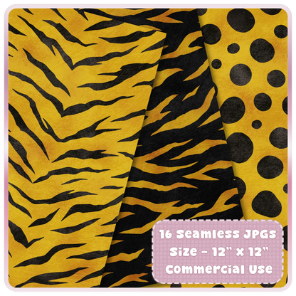 Liquid Gold tiger stripe and polka dot animal print seamless patterns for digital paper, printables and commercial craft projects.