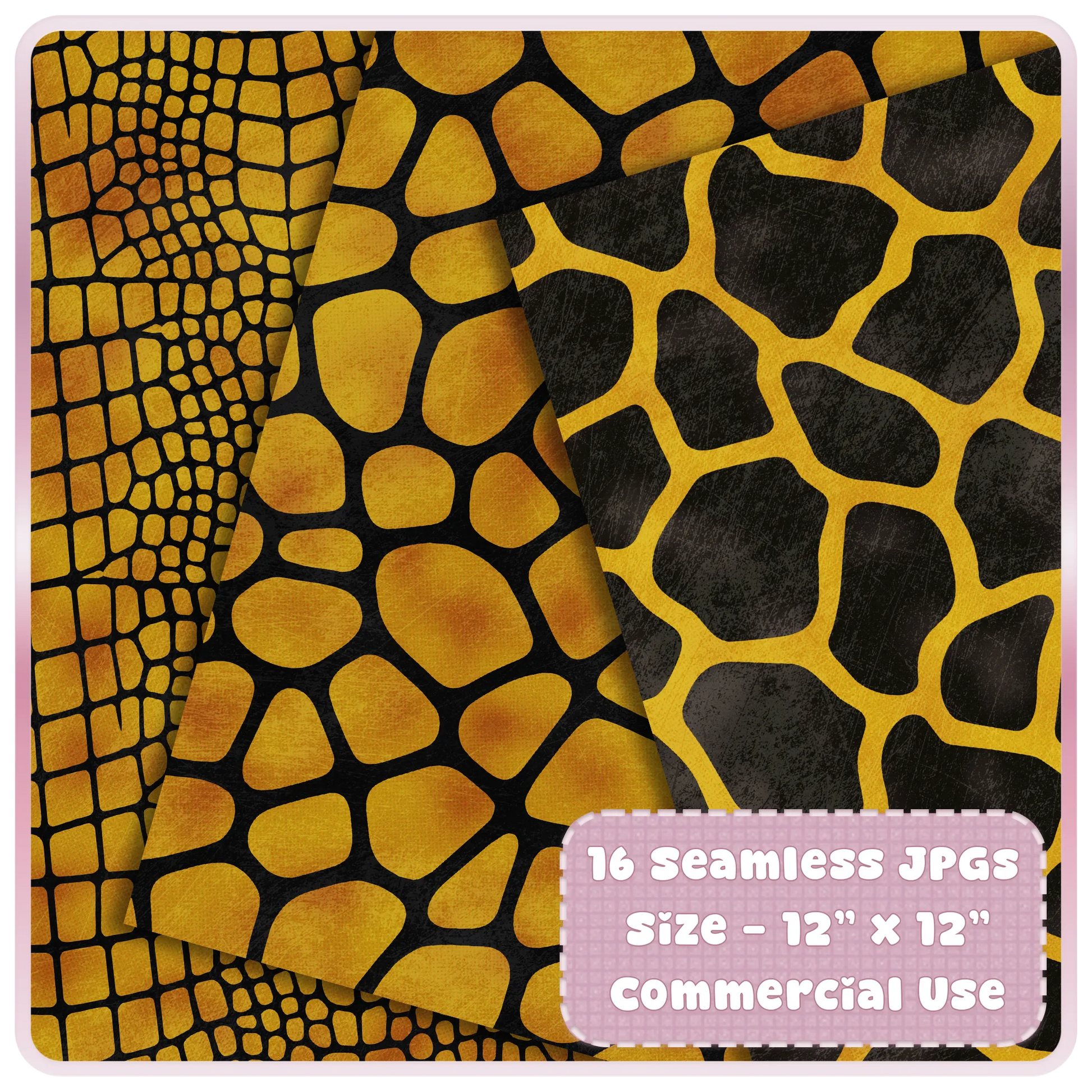 Liquid Gold giraffe and reptile skin seamless digital paper preview with black animal print patterns for sublimation designs.