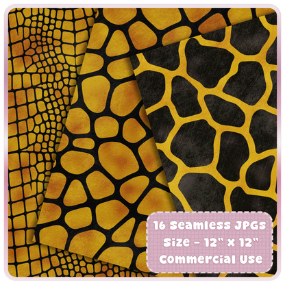 Liquid Gold giraffe and reptile skin seamless digital paper preview with black animal print patterns for sublimation designs.