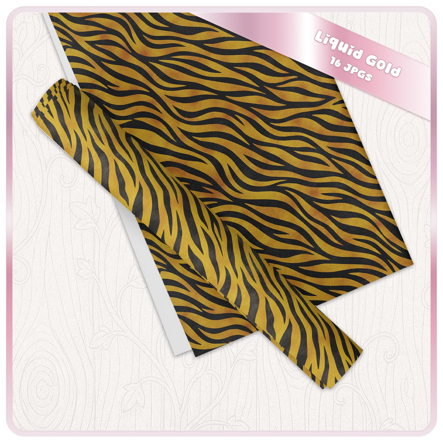 Liquid Gold zebra print digital paper mockup showing seamless JPG pattern for wrapping paper, stationery and craft projects.