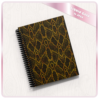 Liquid Gold snakeskin print notebook mockup using seamless animal print digital paper for planners, journals and POD products.