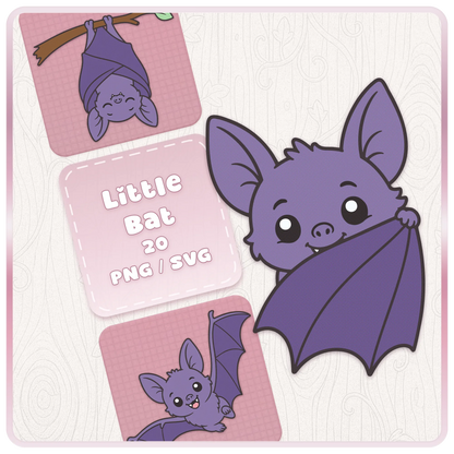 Little Bat SVG and PNG clipart bundle cover featuring cute purple cartoon bats, Halloween bat graphics, and digital download preview.