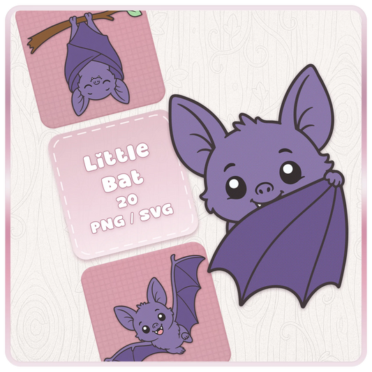 Little Bat SVG and PNG clipart bundle cover featuring cute purple cartoon bats, Halloween bat graphics, and digital download preview.