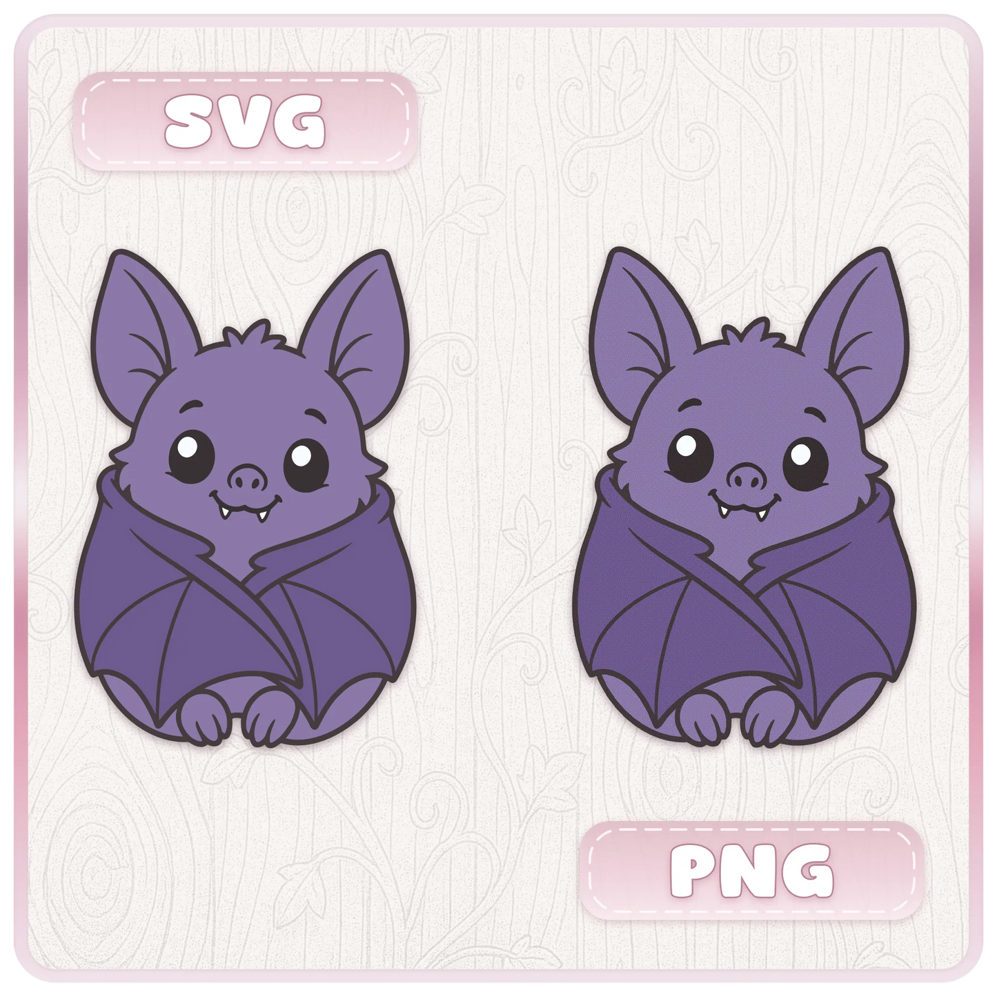 Comparison preview of Little Bat SVG and PNG files showing cute purple bat clipart for Cricut, Silhouette, and Halloween crafts.