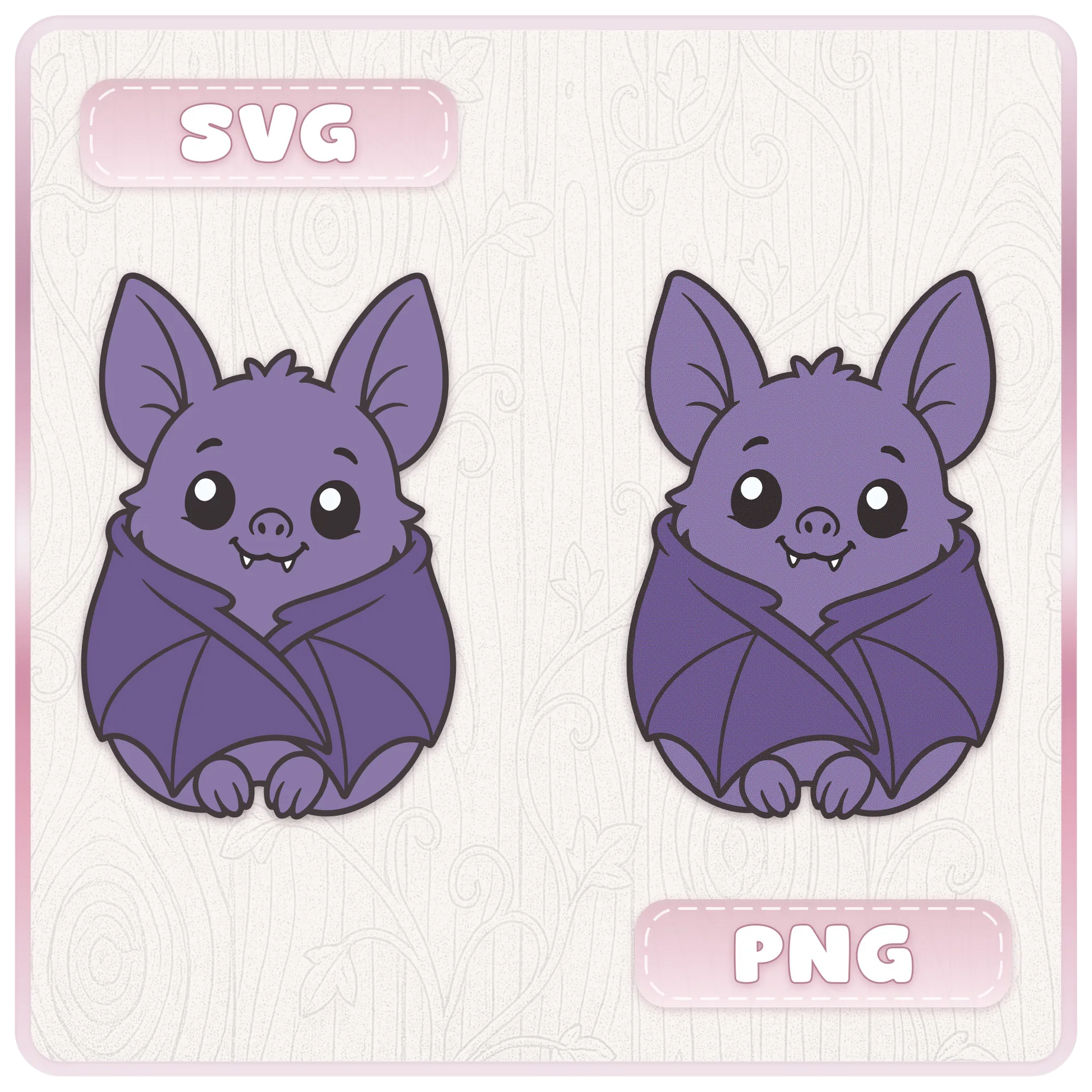 Comparison preview of Little Bat SVG and PNG files showing cute purple bat clipart for Cricut, Silhouette, and Halloween crafts.