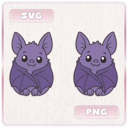 Comparison preview of Little Bat SVG and PNG files showing cute purple bat clipart for Cricut, Silhouette, and Halloween crafts.