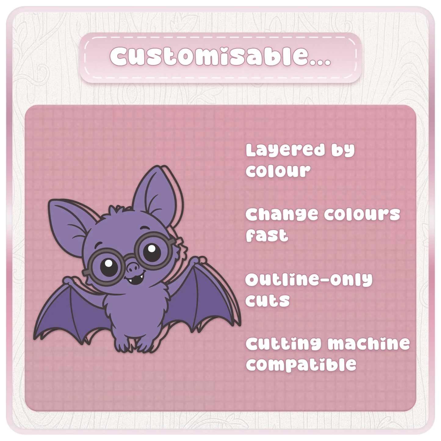 Customisable Little Bat SVG preview showing layered colour bat artwork, outline-only cuts, and cutting machine compatible digital files.