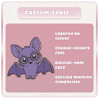 Customisable Little Bat SVG preview showing layered colour bat artwork, outline-only cuts, and cutting machine compatible digital files.