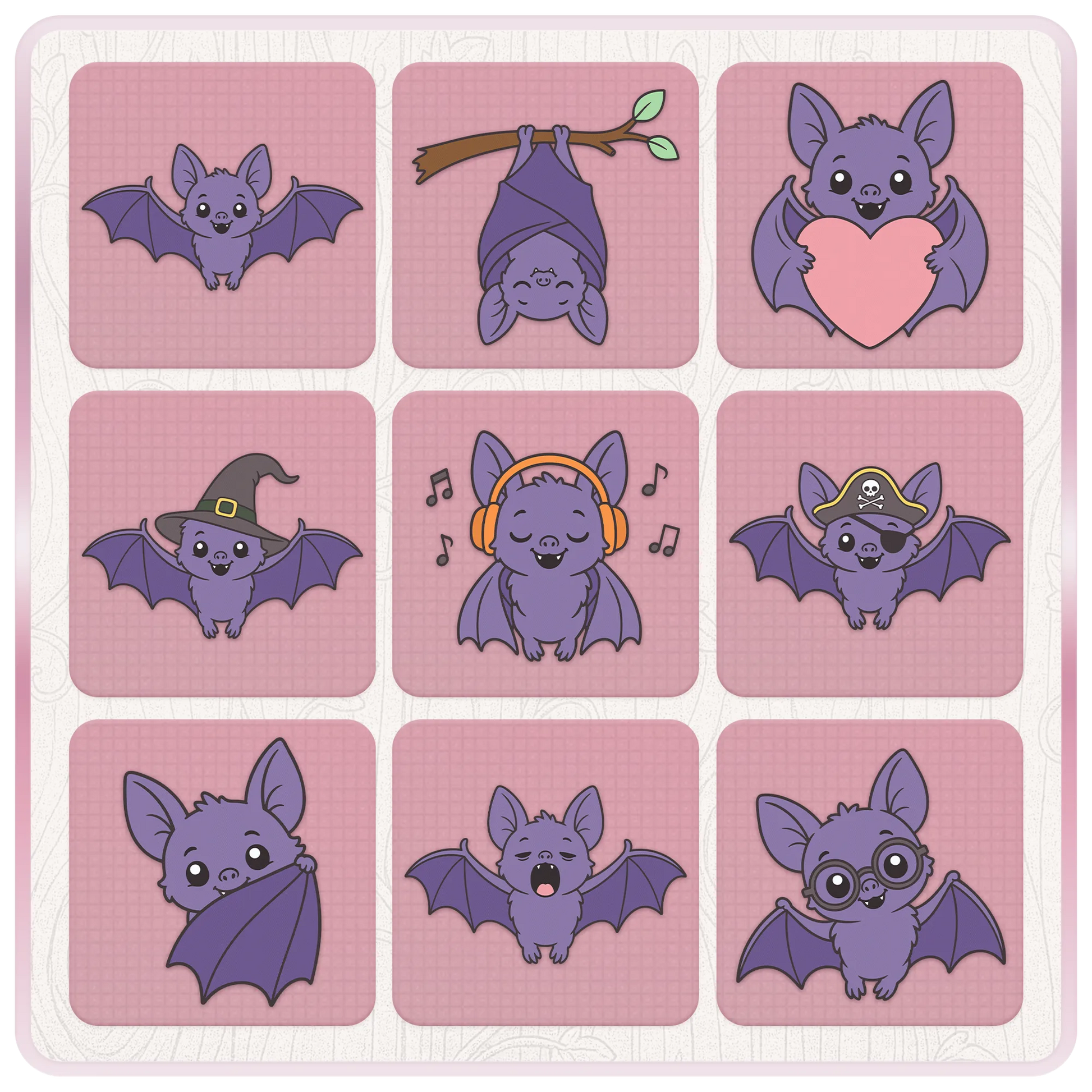 Preview grid of cute Halloween bat SVG designs including bat with heart, witch hat bat, headphones bat, pirate bat, and flying bat clipart.