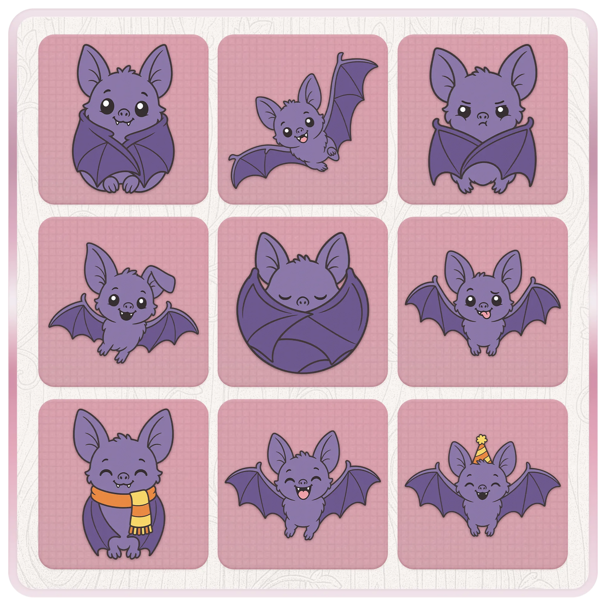 Second preview grid of Little Bat SVG and PNG designs featuring sleepy bat, angry bat, scarf bat, party hat bat, and cute purple Halloween bats.
