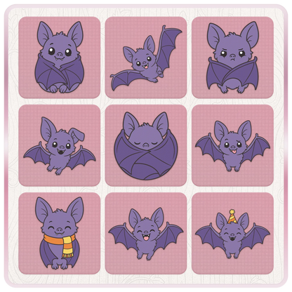 Second preview grid of Little Bat SVG and PNG designs featuring sleepy bat, angry bat, scarf bat, party hat bat, and cute purple Halloween bats.