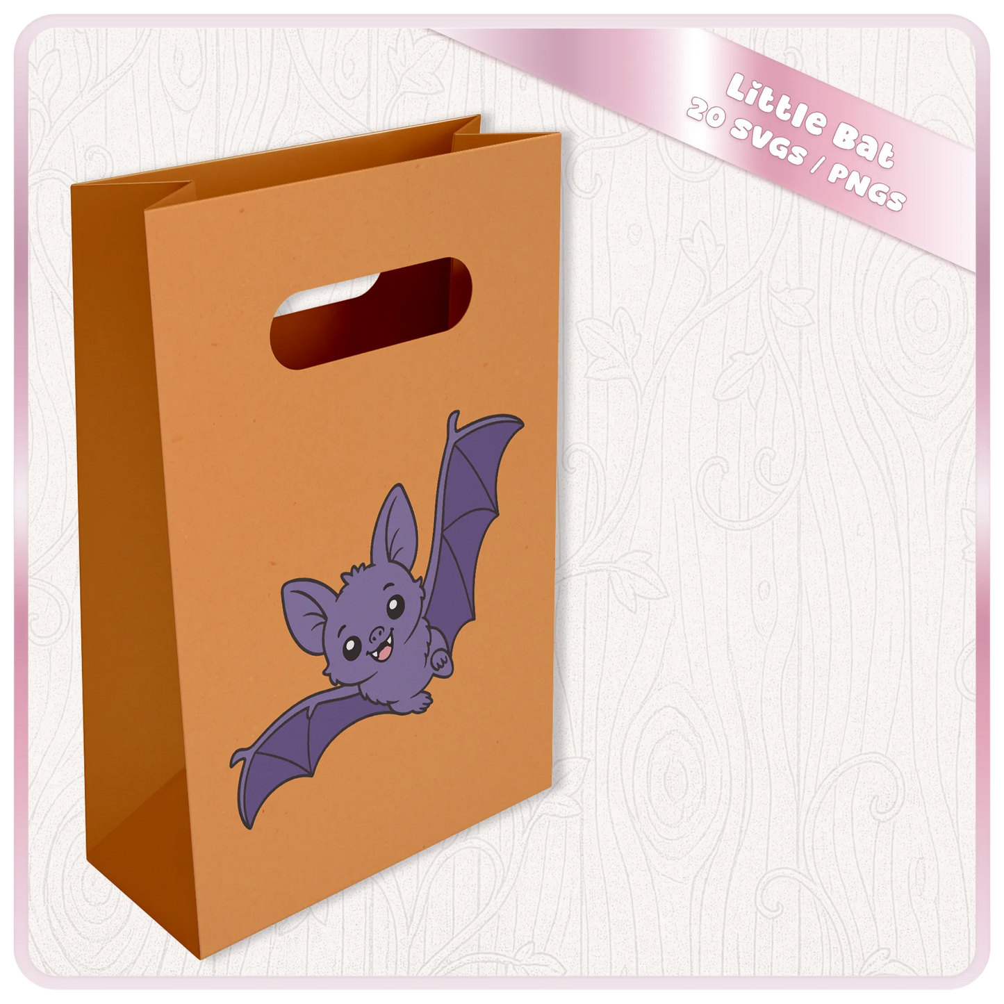 Orange treat bag mockup with cute flying purple bat SVG design for Halloween party bags, Cricut crafts, and printable projects.