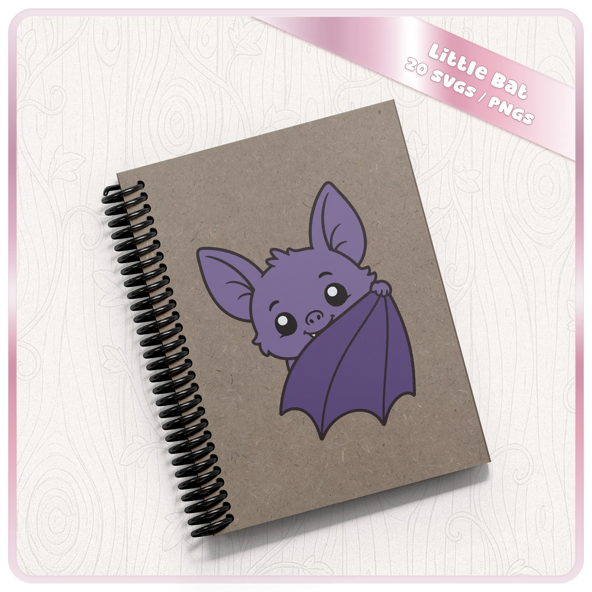 Notebook mockup with cute purple bat clipart design for Halloween stationery, stickers, sublimation, and digital craft projects.