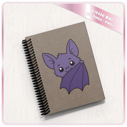 Notebook mockup with cute purple bat clipart design for Halloween stationery, stickers, sublimation, and digital craft projects.