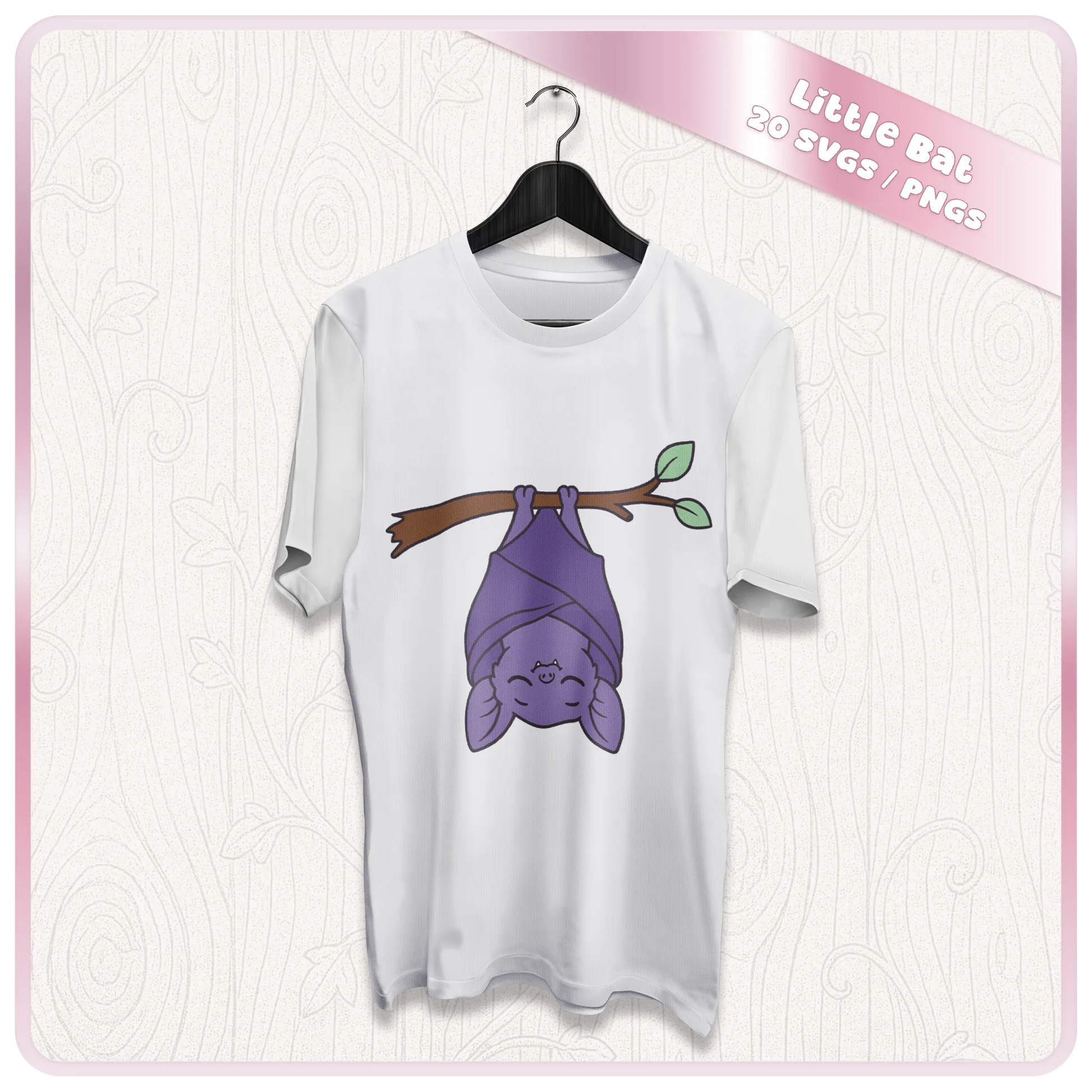 White t-shirt mockup with upside down Little Bat SVG design for Halloween shirts, Cricut vinyl, sublimation, and spooky cute apparel.