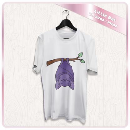 White t-shirt mockup with upside down Little Bat SVG design for Halloween shirts, Cricut vinyl, sublimation, and spooky cute apparel.