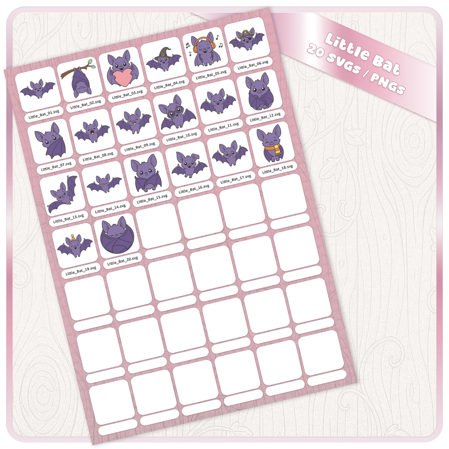 Full bundle preview sheet showing 20 Little Bat SVG files and PNG clipart designs for Halloween crafts, Cricut, Silhouette, and stickers.