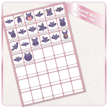 Full bundle preview sheet showing 20 Little Bat SVG files and PNG clipart designs for Halloween crafts, Cricut, Silhouette, and stickers.