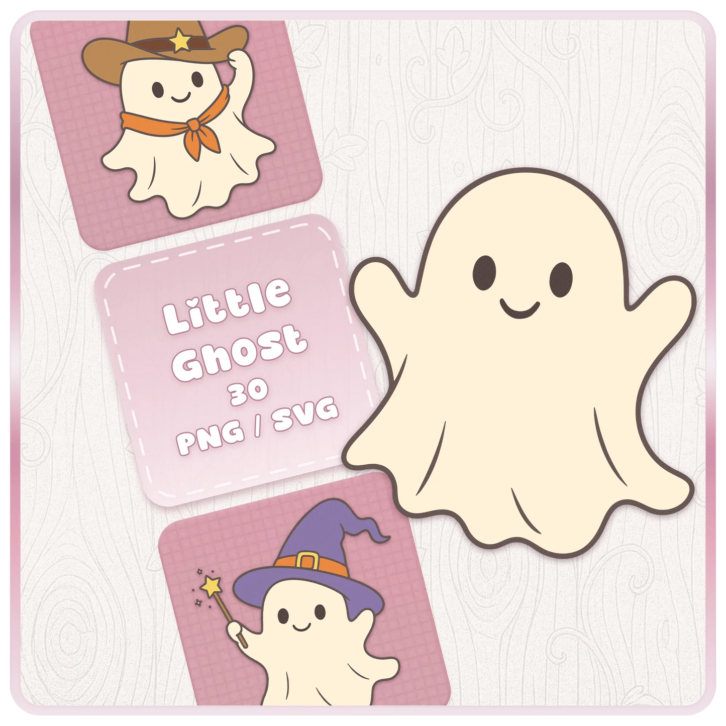 Little Ghost SVG and PNG bundle cover with cute cream ghost clipart, cowboy ghost preview, witch ghost preview, and pink Halloween digital download branding.