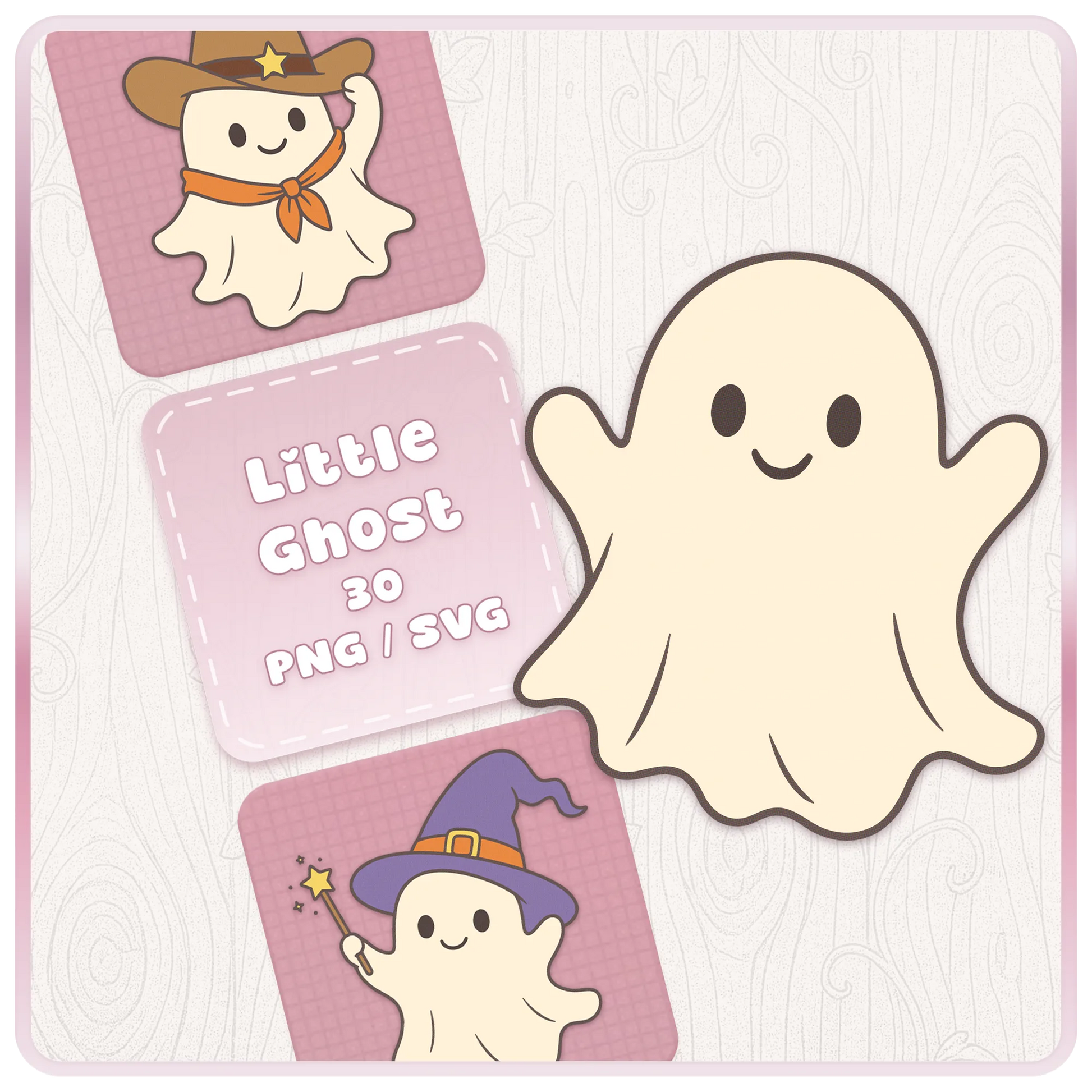 Little Ghost SVG and PNG bundle cover with cute cream ghost clipart, cowboy ghost preview, witch ghost preview, and pink Halloween digital download branding.