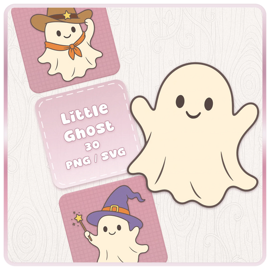 Little Ghost SVG and PNG bundle cover with cute cream ghost clipart, cowboy ghost preview, witch ghost preview, and pink Halloween digital download branding.