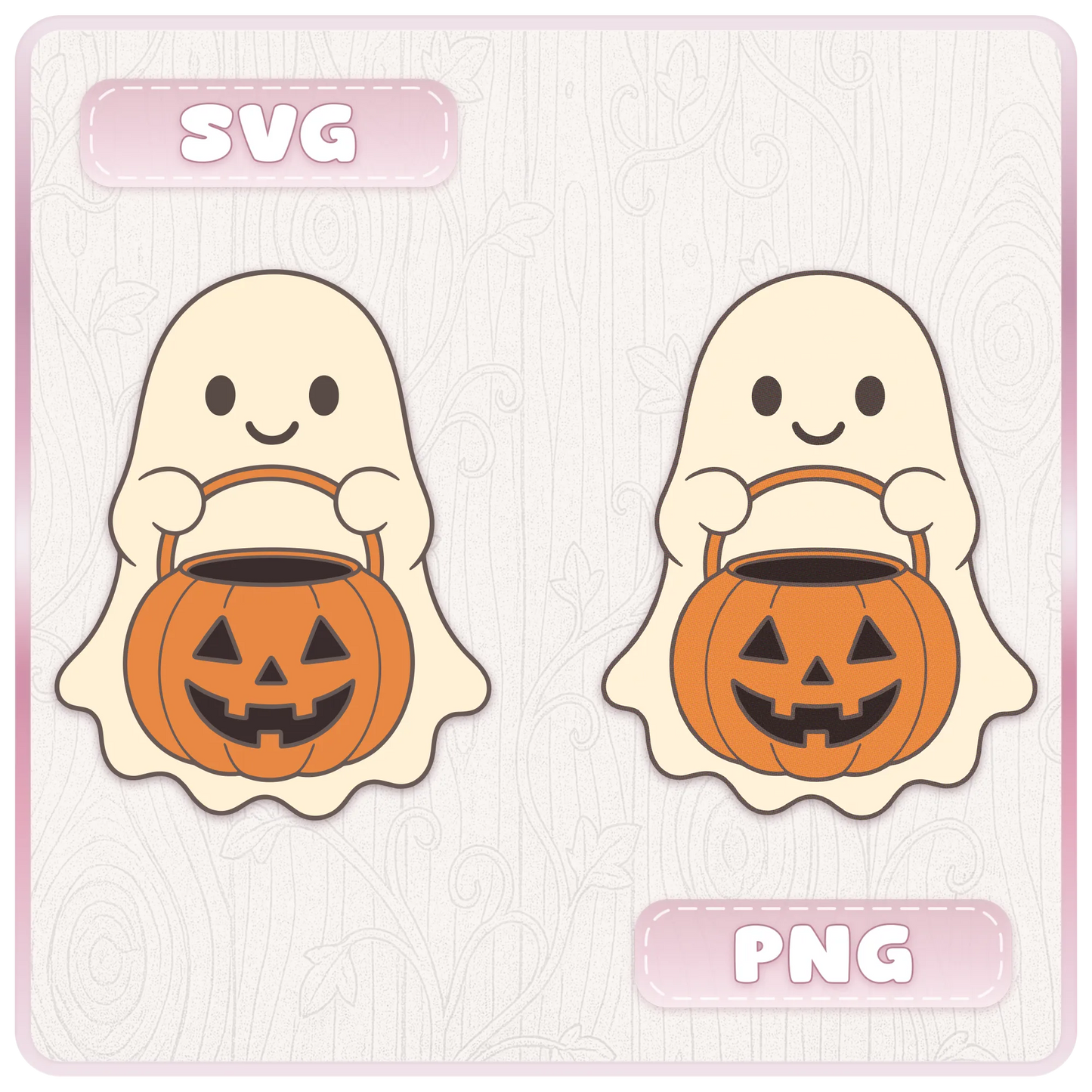 Cute Halloween ghost holding a pumpkin bucket shown as SVG and PNG file examples for Cricut, Silhouette, sublimation, and clipart projects.