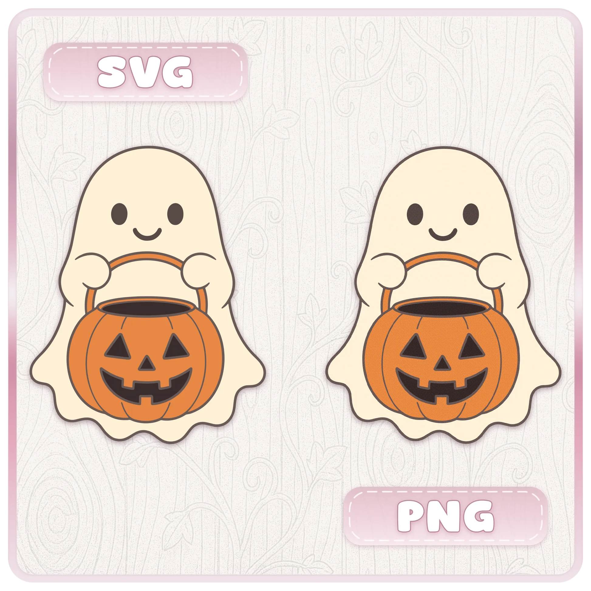 Cute Halloween ghost holding a pumpkin bucket shown as SVG and PNG file examples for Cricut, Silhouette, sublimation, and clipart projects.