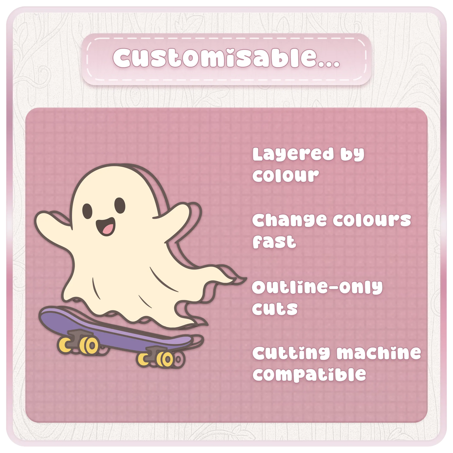 Little Ghost clipart bundle features graphic showing customizable layered-by-colour SVG files, fast colour changes, outline-only cuts, and cutting machine compatibility.