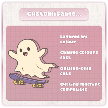 Little Ghost clipart bundle features graphic showing customizable layered-by-colour SVG files, fast colour changes, outline-only cuts, and cutting machine compatibility.