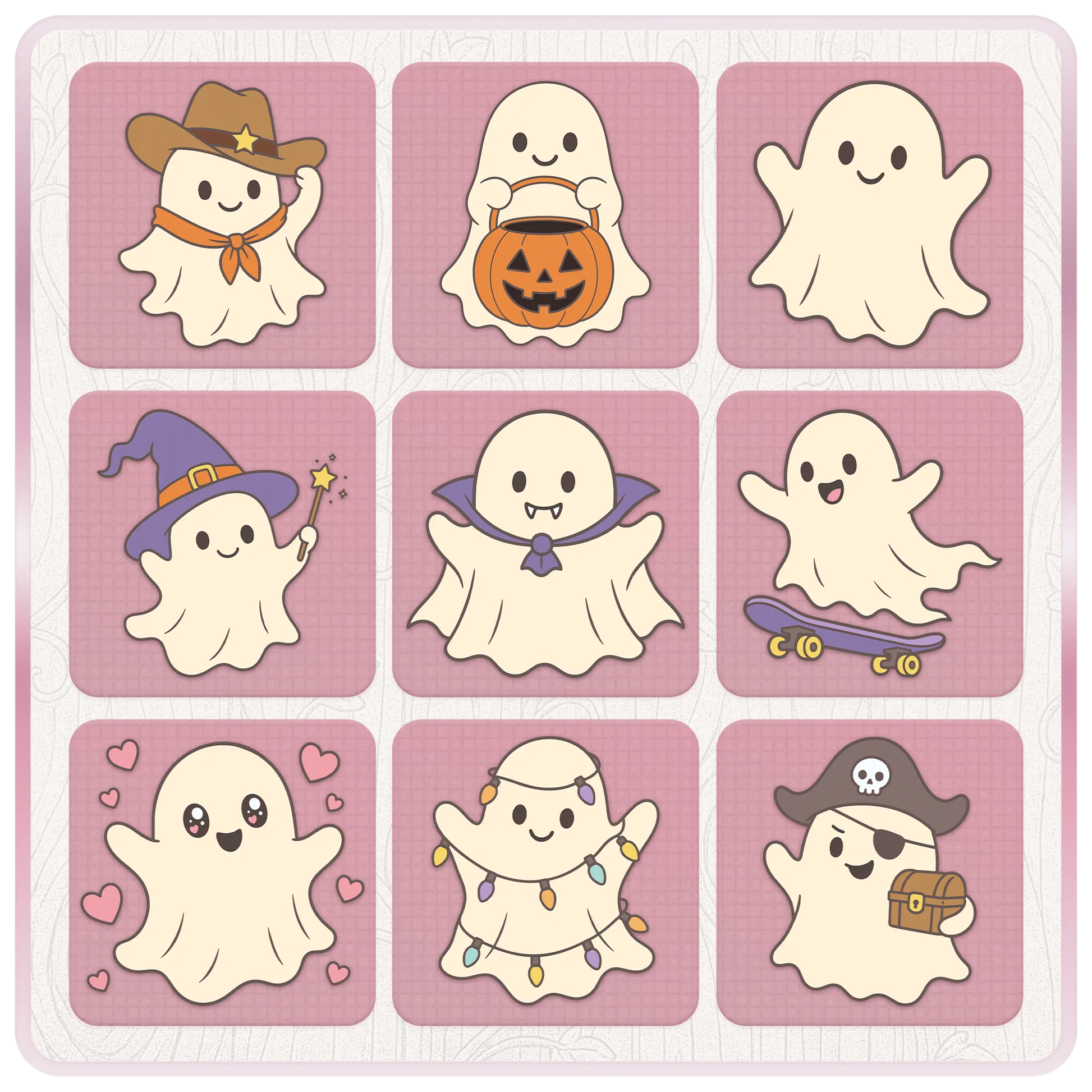 Preview sheet of nine cute Halloween ghost SVG and PNG designs including cowboy ghost, pumpkin ghost, plain ghost, witch ghost, vampire ghost, skateboard ghost, heart ghost, string light ghost, and pirate ghost.