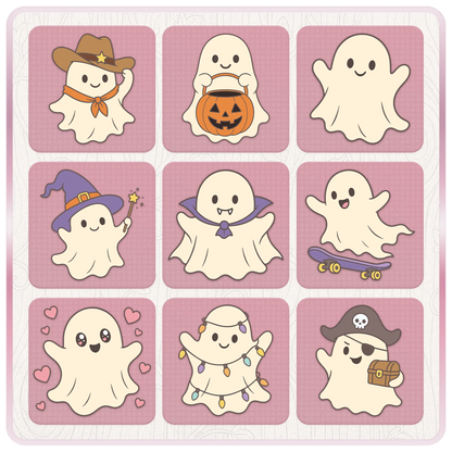 Preview sheet of nine cute Halloween ghost SVG and PNG designs including cowboy ghost, pumpkin ghost, plain ghost, witch ghost, vampire ghost, skateboard ghost, heart ghost, string light ghost, and pirate ghost.