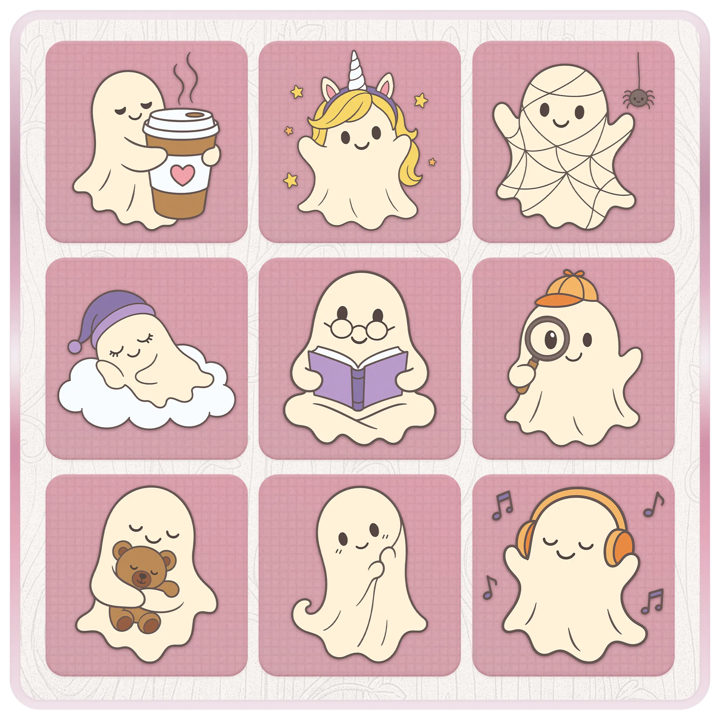 Preview sheet of cozy cute ghost clipart designs including coffee ghost, unicorn ghost, spiderweb ghost, sleeping ghost, reading ghost, detective ghost, teddy bear ghost, shy ghost, and music ghost.