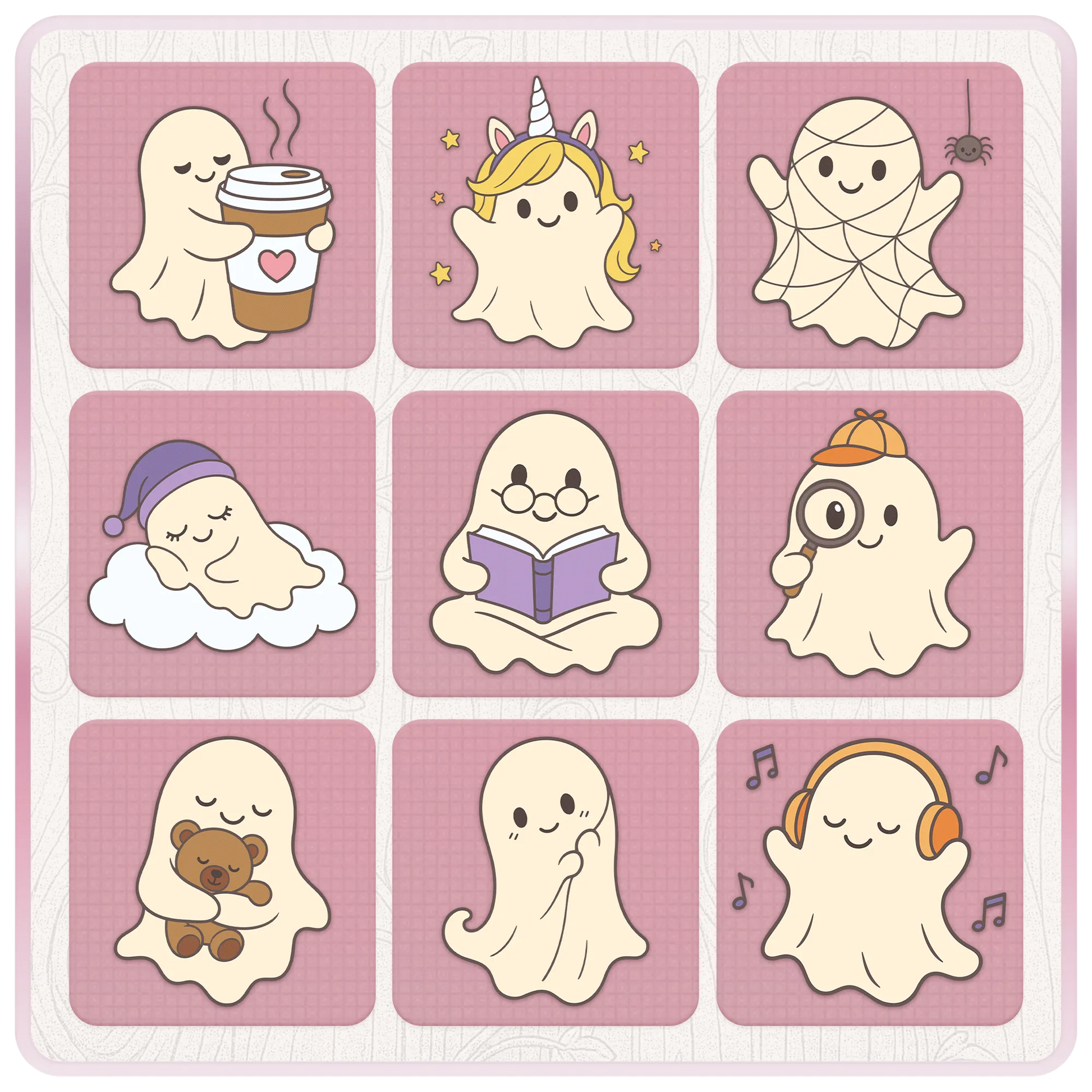 Preview sheet of cozy cute ghost clipart designs including coffee ghost, unicorn ghost, spiderweb ghost, sleeping ghost, reading ghost, detective ghost, teddy bear ghost, shy ghost, and music ghost.