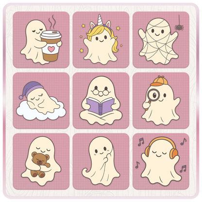Preview sheet of cozy cute ghost clipart designs including coffee ghost, unicorn ghost, spiderweb ghost, sleeping ghost, reading ghost, detective ghost, teddy bear ghost, shy ghost, and music ghost.